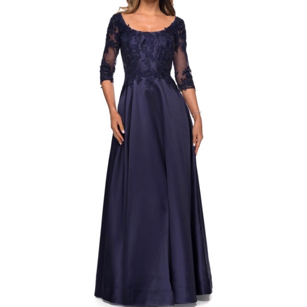 La Femme Navy Blue Lace Appliqué A-Line Evening Gown